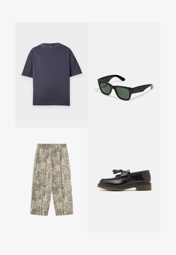 Navyblauw T-shirt met korte mouwen van een zachte katoenmix. Ronde hals, ontspannen pasvorm, met een subtiele reliëflogo op de borst.; Cargo broek met wijde benen in een groen en beige camouflagepatroon van bladeren en schors, met voorzakken en riemlussen.; Bruine leren instappers met een geweven ontwerp, een kwastje en een platte rubberen zool. Beschikt over een gladde afwerking en contrasterende stiksels.; Zwarte rechthoekige zonnebril met groene lenzen, matte afwerking, subtiele hardwareaccenten en een gegraveerd logo op de slaap.