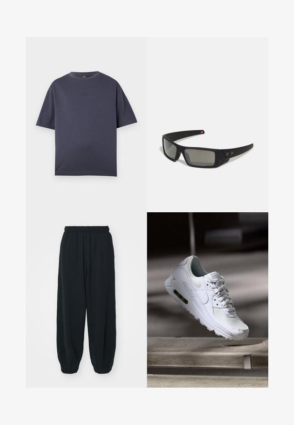 Navy blue short-sleeve T-shirt made of soft cotton blend. Round neckline, relaxed fit, featuring a subtle embossed logo on the chest.; Black, elasticated-waist sweatpants with a loose fit, cuffed ankles, smooth texture, and no visible patterns or hardware accents.; White Nike Air Max 90 sneaker featuring a mesh and leather upper, perforated toe box, and a visible air unit in the heel.; Black sunglasses with a matte finish, rectangular lenses, slight curve on temples, subtle logo detail, and smoke-tinted lenses.