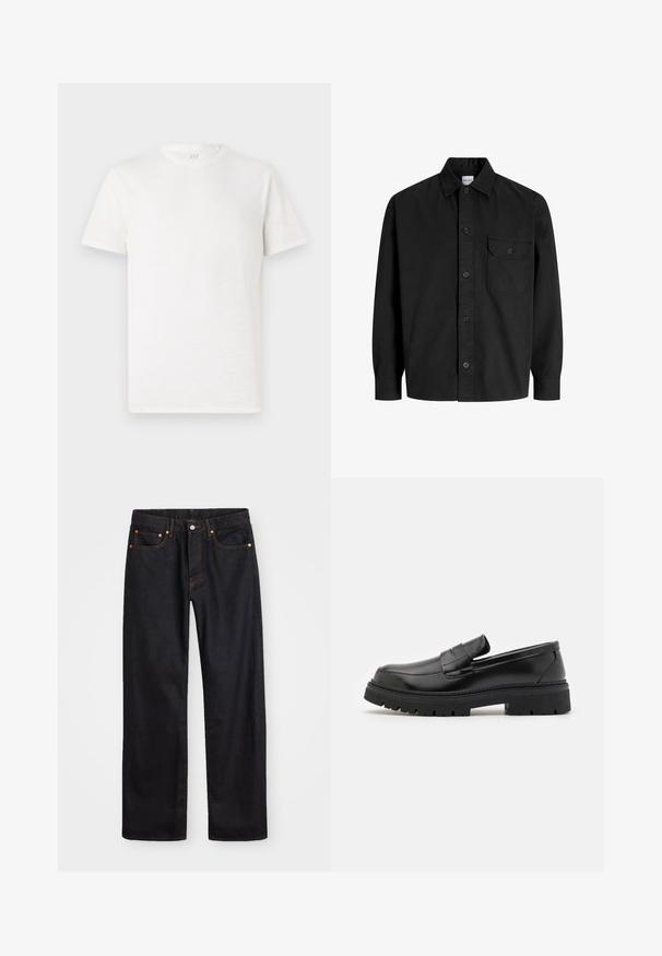 T-shirt a maniche corte e collo rotondo in bianco sporco, realizzato in un morbido misto cotone con una finitura leggermente testurizzata e senza motivi o dettagli visibili.; Camicia nera a maniche lunghe con bottoni, colletto e una tasca sul petto con patella chiusa da un bottone.; Jeans neri in denim dritto da uomo con cinque tasche e cuciture arancioni, chiusura con bottone e zip sulla vita anteriore.; Mocassini in pelle nera con suola piatta e scanalata. Presentano un design cucito e uno stile slip-on con una cintura decorativa sulla parte anteriore.