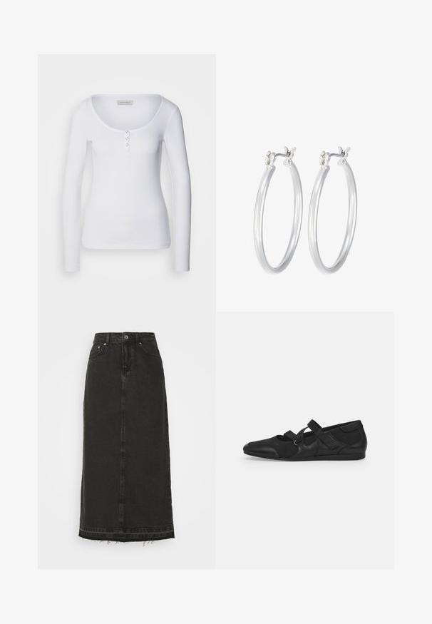 Valkoinen pitkähihaainen paita, jossa on kaksoisaukko kaula-aukko, ribatoitu pinta ja kolme hopeista nappikoristetta etuosassa.; Musta farkku midi-hame, jossa on istuva vyötärö, etupainonappi suljenta ja runneltu helma. Sisältää klassisen viiden taskun muotoilun ja kevyen tekstuurin.; Musta litteä kenkä, jossa on pehmeä, teksturoitu päällinen, jossa on kaksi säädettävää hihnaa ja pyöristetty kärki, kiinnitetty tasaiselle kumipohjalle.; Hope-silver rengas, joissa on sileä ja kiillotettu pinta. Pyöreä muoto ja turvallinen napsautettava lukitus. Kevyt muotoilu sopii päivittäiseen käyttöön.