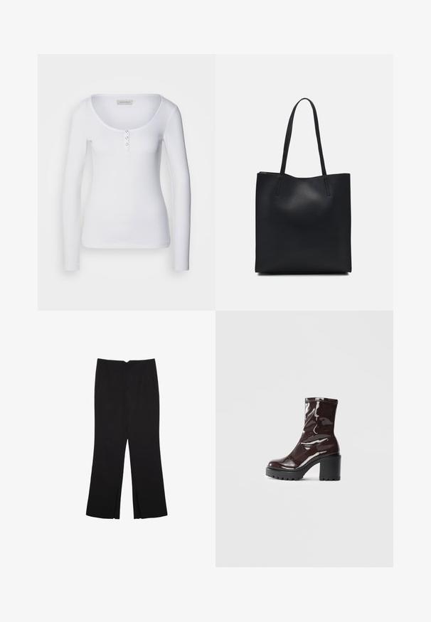 Hvid langærmet top med bådudskæring, ribbet tekstur og tre sølvknapdetaljer på den forreste stolpe.; Sorte bukser med lige pasform, der har frontlommer og slidser i kanten. Lavet af blødt, glat stof. Velegnet til forskellige anledninger.; Glatte burgunder ankelstøvler med en chunky sort hæl, der har en glat tekstur og et simpelt design. Ingen synlige lukninger eller mønstre.; Sort læder tote taske med glat tekstur, rektangulær form og to lange hanke. Ingen synlig hardware eller udsmykninger.