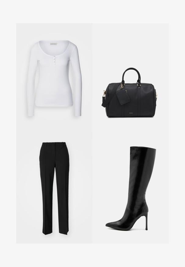 Top branco de mangas longas com decote arredondado, textura canelada e três botões prateados decorativos na parte frontal.; Calças pretas de corte ajustado com um design de perna reta, apresentando uma textura lisa e pregas bem definidas na frente. Sem hardware visível.; Bota preta até ao joelho feita de couro brilhante, com bico afinado e um salto agulha esguio. Textura suave com design minimalista.; Mala de desporto em imitação de pele preta com pormenores em dourado, alças duplas superiores, alça de ombro ajustável e um bolso para etiqueta removível.