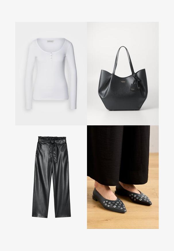 Weißes langärmliges Oberteil mit rundem Ausschnitt, gerippter Textur und drei silbernen Knopfakzenten an der Vorderseite.; Schwarze weite Hosen aus Kunstleder mit einem elastischen, rüschierten Bund und einem abnehmbaren Bindegürtel. Glatte Textur und minimaler Glanz.; Schwarze Lederballerinas mit spitzem Zehenbereich, die mit Metallösen in verschiedenen Größen verziert sind, sowie einem niedrigen, quadratischen Absatz. Glatte Textur auf Holzboden.; Schwarze Tragetasche aus texturiertem Synthetikmaterial mit breiter Silhouette, ausgestattet mit zwei Griffen und einem Markenanhänger.; Silberne Creolen mit polierter Oberfläche, die kleine goldene Akzentdetails und eine runde Form aufweisen, am Ohrläppchen getragen.