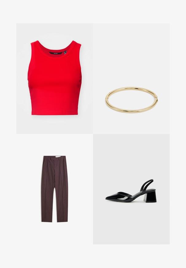 Red cropped tank top made of ribbed fabric, featuring a round neck and wide shoulder straps, with a smooth texture.; Purple striped trousers with pleats, featuring a high waist and straight-leg design. Made from a smooth, textured fabric.; Black patent leather slingback heels with a pointed toe and a geometric block heel. Features a sleek, minimal design and smooth texture.; Gold bangle bracelet with a smooth, shiny surface, featuring a round shape and a subtle clasp detail.