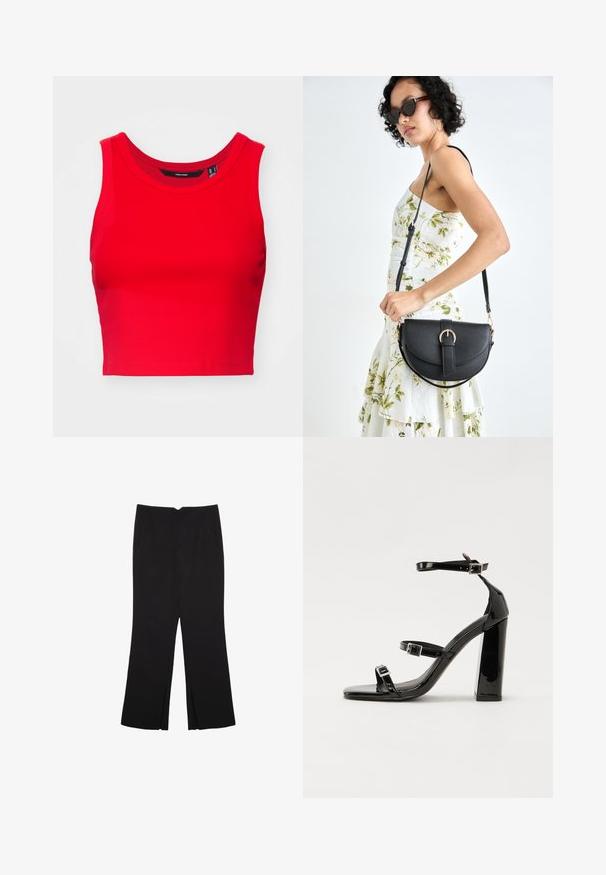 Red cropped tank top made of ribbed fabric, featuring a round neck and wide shoulder straps, with a smooth texture.; Black trousers with a straight fit, featuring front pockets and side slits at the hem. Made of soft, smooth fabric. Suitable for various occasions.; Black patent heeled sandals with a square toe, ankle straps, and silver buckles. Features a chunky block heel for stability.; Black leather handbag with a curved shape, detachable strap, and gold hardware. The bag features a flap with a buckle detail.