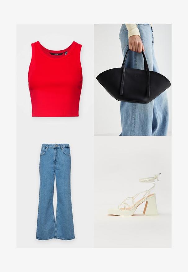 Sarkans īsais topiņš, izgatavots no ribota materiāla, ar apaļu kakla izgriezumu un platām plecu siksnām, ar gludu tekstūru.; Gaiši zili, platā piegriezuma džinsi, kas izgatavoti no denima, ar augstu jostasvietu, piecām kabatām un vienu pogu. Mīksta tekstūra ar nolietotu apdari.; Baltas augstpapēžu sandales ar masīvu papēdi, ar siksnu dizainu un potītes saistītiem elementiem. Gluda tekstūra ar platformu priekšpusē, lai nodrošinātu papildu augstumu.; Melnas ādas rokassoma ar unikālu ventilatora formu, aprīkota ar plakaniem rokturiem. Virsma ir ar graudainu faktūru un minimālistisku dizainu.