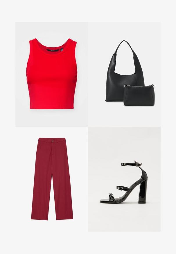 Crvena kratka majica bez rukava od rebrastog materijala, s okruglim izrezom i širokim naramenicama, s glatkom teksturom.; Široke hlače od glatkog, teksturiranog materijala u tamnocrvenoj boji. Sadrže prednje džepove i jedan dugme na pojasu.; Crne lakirane sandale na pete sa kvadratnim nosom, trakama oko gležnja i srebrnim kopčama. Imaju čvrst blok petu za stabilnost.; Even&Odd Ručna torba - black