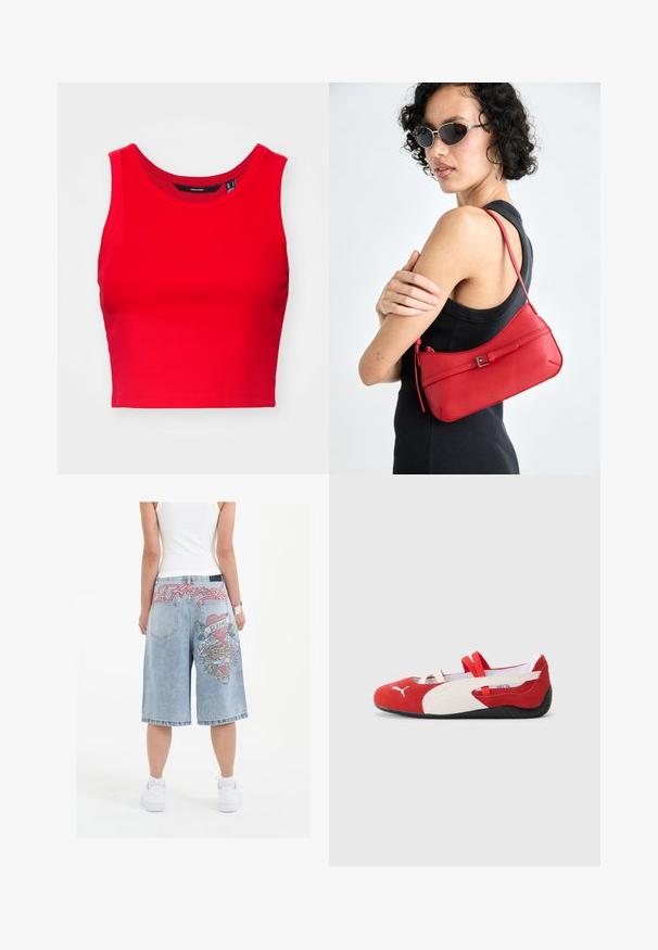 Top corto rosso realizzato in tessuto a costine, con scollatura rotonda e spalline larghe, caratterizzato da una consistenza liscia.; Shorts in denim blu chiaro con vestibilità ampia, caratterizzati da grafiche di tigri ricamate colorate e testo sul retro, rifiniti con orli arrotolati.; Scarpe in suede rosse e bianche con una suola bassa, dotate di fasce elastiche e una suola in gomma nera testurizzata. Logo Puma sul lato.; Borsa a spalla rossa in pelle con una texture liscia, design curvo e un elegante dettaglio a fibbia. Tracolla regolabile e chiusura con zip.
