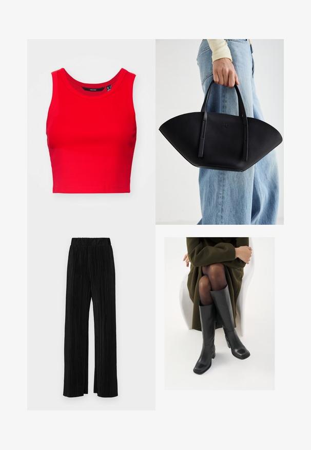 Rode korte tanktop van ribstof, met een ronde hals en brede schouderbanden, met een gladde textuur.; Zwarte geplooide broek met een elastische tailleband. Beschikt over wijde pijpen en een glad, gestructureerd stof met verticale strepen.; Knieschijf hoge zwarte leren laarzen met een vierkante neus en blokhak, getoond met een model dat zit in een olijfgroene jas. Gladde textuur, minimale details.; Zwarte leren handtas met een unieke waaier vorm, voorzien van platte handvatten. Het oppervlak heeft een gewelfde textuur en een minimalistisch ontwerp.