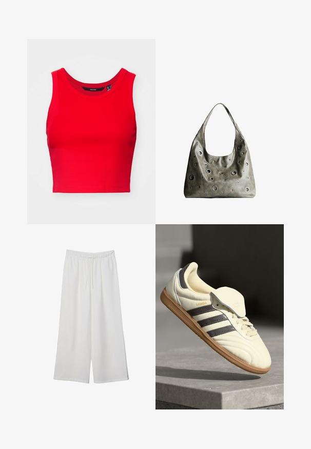 Červený skrátený top z rebrovanej látky, so zaobleným výstrihom a širokými ramienkami, s hladkým povrchom.; Biele široké nohavice z ľahkého materiálu s elastickým pásom a šnúrkou na nastavenie veľkosti. Hladká textúra.; Krémové kožené tenisky s tromi tmavými pruhmi, hnedou gumenou podrážkou a zaoblenou špičkou. Obsahujú prehýbací jazyk s označením "SAMBA."; Olive zelená kožená kabelka so spadnutým dizajnom, obsahujúca rôzne veľkosti kruhových výrezov a akcenty v tmavších a svetlejších odtieňoch.