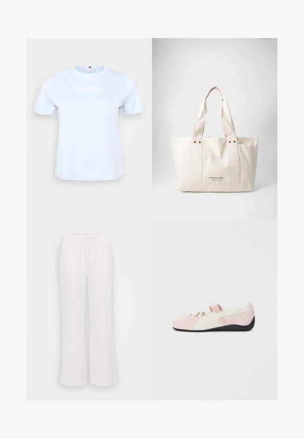 Gaiši zils kokvilnas t-krekls ar īsām piedurknēm un apaļu apkakli. Priekšpusē ir balta logo uzdruka, gluda tekstūra un klasiskā piegriezne.; Bālti plašas bikses, izgatavotas no viegla auduma, ar elastīgu jostu un stieptvadu, kā arī vertikālām šuvēm, kas piešķir tekstūru.; Rozā zamša slēgtā tipa kurpe ar baltām akcentiem, gumijas zole un elastīgām siksnām. Iespējojusi teksturēts dizains un neliela logo priekšpusē.; Gaišbēšā krāsā auduma soma ar divām izturīgām rokturiem, kontrastējošu balto apdari un melno logotipu "THE NORTH FACE" priekšpusē.