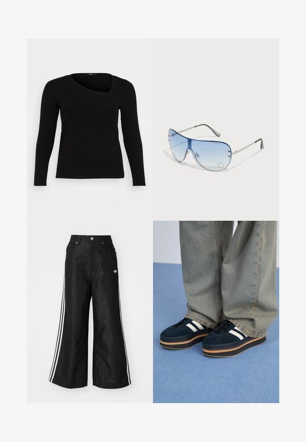 Maglia nera a maniche lunghe in materiale a coste con scollatura asimmetrica e design aderente. Texture liscia con silhouette slim.; Pantaloni in denim neri a gamba larga con tre strisce bianche su ciascun lato e un piccolo logo bianco. Presentano tasche frontali e chiusura con bottone.; Sneakers platform in suede blu scuro con strisce bianche e lacci neri. Presentano una spessa suola in gomma marrone. Indossati con pantaloni di jeans azzurri.; Occhiali da sole aviator con lenti blu sfumate, montatura in metallo argentato e decorazioni a forma di stella sulle lenti. Design liscio e sofisticato.
