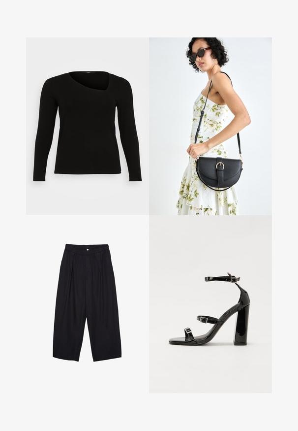 Maglia nera a maniche lunghe in materiale a coste con scollatura asimmetrica e design aderente. Texture liscia con silhouette slim.; Pantaloni culotte neri in poliestere con una cintura elastica, due pieghe frontali e una silhouette ampia. Nessun motivo visibile o dettagli in metallo.; Sandali con tacco in vernice nera, con punta squadrata, cinturini alla caviglia e fibbie in argento. Presentano un tacco a blocco spesso per maggiore stabilità.; Borsa a tracolla nera in pelle con una forma curva, manico rimovibile e accessori dorati. La borsa presenta una patta con un dettaglio a fibbia.