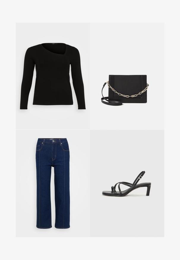 Črna dolga majica s dolgimi rokavi, izdelana iz rebrastega materiala z asimetričnim izrezom in oprijetim krojem. Gladka tekstura z ozko silhueto.; Temno modri ravni jeans z gumbnico, sprednjima in zadnjima žepoma ter vidno oranžnim šivom ob šivih.; Črne natikače s trakovi in kvadratnim prstom ter nizkim blokastim peto. Imajo več tankih trakov in nastavljiv trak okoli gležnja. Narejene so iz gladkega usnja.; Črna usnjena torba čez ramo z gladko teksturo, pravokotno obliko in kovinskim verižnim detajlom spredaj. Vključena je nastavljiva naramnica.