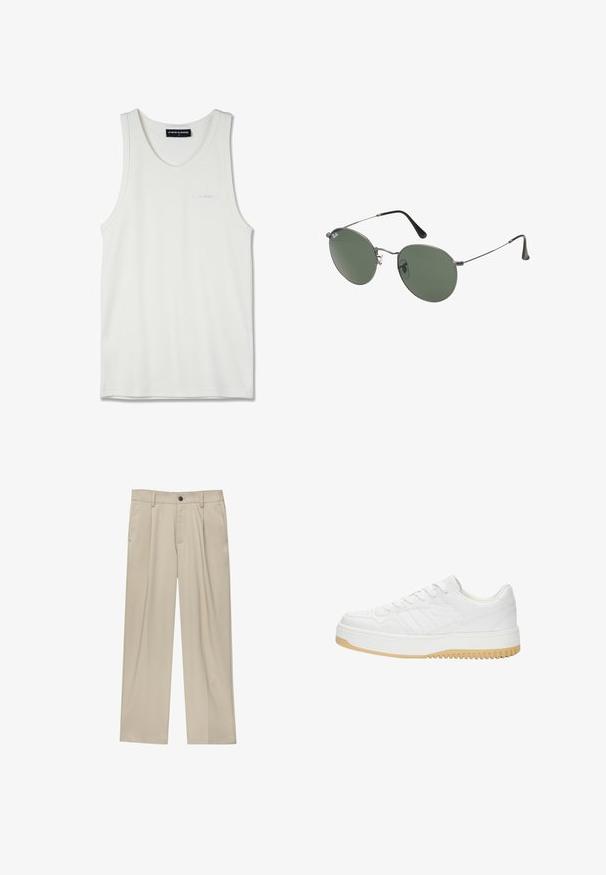 Un tricou alb din bumbac, cu decolteu rotund și bretele înguste. Vine cu un logo brodat subtil, de culoare albastru deschis, pe piept.; Pantaloni bej cu croi drept, dotati cu un singur nasture negru, bucle pentru centură și buzunare laterale. Textură de țesătură netedă și design minimal.; Sneaker alb din piele cu o finisare texturată, având o talpă din cauciuc, un design cu șireturi și accente subtile sub formă de dungi pe laturi.; Ochelari de soare cu ramă metalică, dotati cu lentile ovale verzi. Ramă subțire din metal argintiu și ușițe negre. Design minimalist, fără logo-uri vizibile.