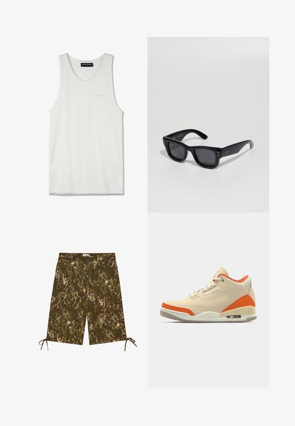 White cotton tank top with a rounded neckline and narrow shoulder straps. Features subtle embroidered logo in light blue on the chest.; Camo-patterned shorts in shades of green and brown, made of a lightweight material, featuring side pockets and adjustable ties at the hem.; Beige sneaker with orange accents, canvas upper, textured detailing at the heel, and a visible air unit in the sole.; Black sunglasses with a glossy finish, rectangular frame, dark lenses, and gold logo accents on the temples. Two gold dots on each front corner.