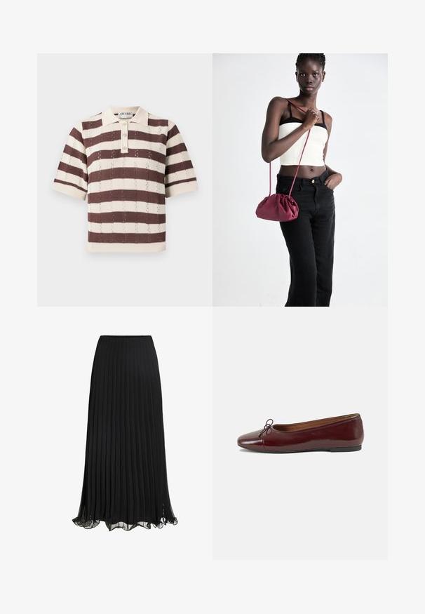 Kreminės ir rudos juostelės polo marškiniai su trumpomis rankovėmis, pasižymintys trijų mygtukų užsegimu ir tekstūruota megztų audinių struktūra.; Juoda plisuota maksinė sijonas, pagamintas iš lengvos medžiagos su plaukiotu dizainu. Jame yra raukšlėtas apvadas ir elastinė juosmens juosta komfortui.; Bordo lakiotos odos baleto bateliai su apvalia nosimi, maža kaspinėlio akcentu priekyje ir žema juoda guma padanga. Lygi tekstūra.; Bordo minkštas audinys rankinukas su susiraukšlėjimu ir ilgu dirželiu, dėvimas per kūną. Modelis vilki baltą trumpą palaidinę ir juodas džinsus.