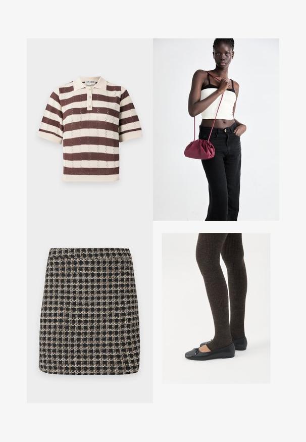 Polo triko s krátkým rukávem, béžové a hnědé pruhované, s límečkem na tři knoflíky a texturovaným pleteným vzorem.; Černá a béžová kostkovaná mini sukně s texturovanou vazbou a hladkým pasem, s výraznou siluetou a jednoduchým designem.; Černé ploché boty s malou mašlí na špičce, kombinované s tmavě hnědými žebrovanými punčochami. Boty mají hladký povrch a nízký profil.; Burgundská měkká taška s nabíraným designem a dlouhým popruhem, nošená přes tělo. Model má na sobě bílý crop top a černé džíny.
