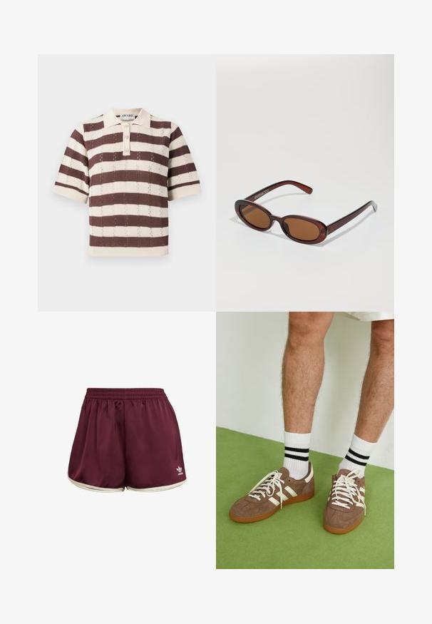 Beige and brown striped polo shirt with short sleeves, featuring a three-button placket and textured knit design.; adidas Originals SPRINTER - Shorts - maroon cream white; Brown suede sneakers with white accents and laces. Rubber gum sole. Worn with white socks featuring black stripes. Green textured flooring.; Round, brown-tinted sunglasses with a glossy burgundy frame. Slim arms with subtle branding detail. Flat lens design.; COACH BROOKLYN SHOULDER BAG - Handbag - brown