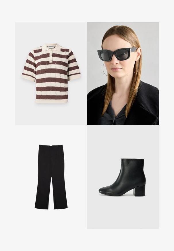 Polo a strisce beige e marrone con maniche corte, dotato di un patta con tre bottoni e design a maglia strutturata.; Pantaloni neri a gamba dritta, con tasche frontali e spacchi laterali all'orlo. Realizzati in tessuto morbido e liscio. Adatti a diverse occasioni.; Stivali neri in pelle fino alla caviglia con punta appuntita e tacco spesso. Texture liscia con minimi dettagli e un design elegante e aderente.; Occhiali da sole a forma di occhio di gatto neri con lenti scure, montatura spessa e dettagli sottili. Indossati con un cappotto nero e una maglia grigia, con capelli lunghi e lisci.; Borsa tote nera in suede con una texture liscia, forma strutturata e cuciture a contrasto. Presenta lunghe tracolle per il trasporto a spalla.