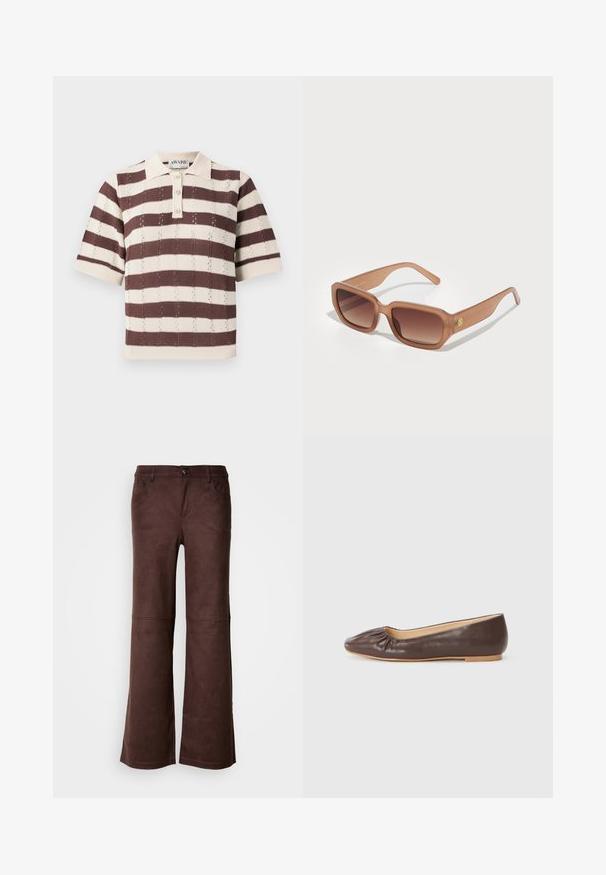 Beige and brown striped polo shirt with short sleeves, featuring a three-button placket and textured knit design.; Brown flared pants in a soft, suede-like fabric. Features four pockets, a button fastening, and a smooth, textured surface.; Brown leather ballet flat with a rounded toe, gathered detailing at the front, and a flat, light-colored sole.; Brown rectangular sunglasses with gradient lenses, thick frames, and a logo detail on the side. Smooth plastic material, minimal design.; Yellow faux-crocodile handbag with a structured design, top handle, detachable chain strap, and decorative crystal embellishment on the clasp.