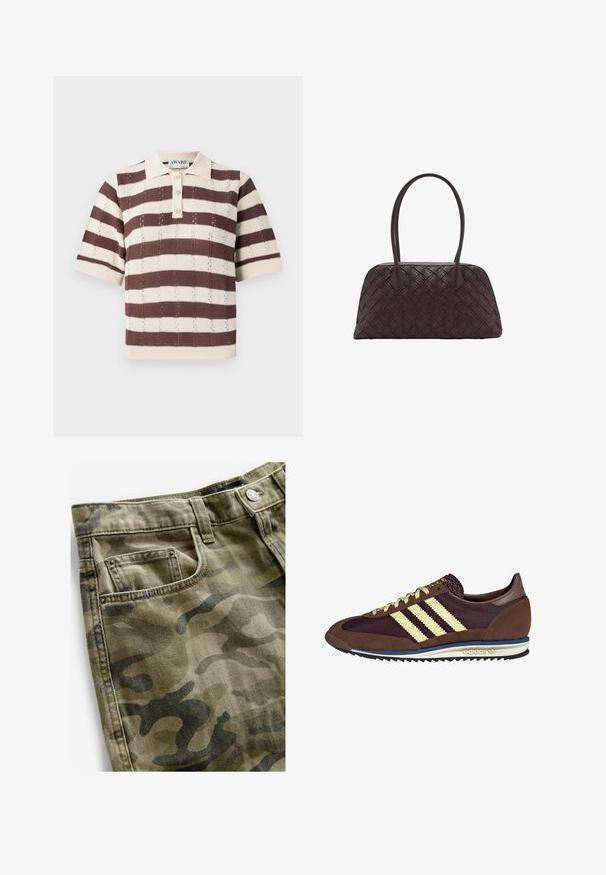 Camisa polo de rayas beige y marrón con mangas cortas, que presenta un cierre de tres botones y un diseño de punto texturado.; Next Shorts vaqueros - camo print; Deportivas marrones y burdeos con materiales de ante y malla, con tres franjas crema, tela texturizada en la lengüeta y suela de goma.; Bolso de mano de cuero marrón tejido con forma redondeada, doble asa superior y textura suave; presenta costuras sutiles como detalle de diseño.