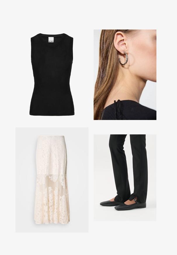 Must have ribatud kanga sansleeve top; ümar kaelus ja keha lähedane lõige. Sildil on kaeluses kirjas "ICHI".; Kreemikas lilleline pitsi midi seelik; sisaldab kihilise kujunduse, läbipaistvate osade, tekstureeritud pitsi ja laienevat hemmi.; Mustadast mustast nahast balletkingad terava ninaga, millel on rihm hõbedase klambriga, kokku sobitatud mustade ülikondpükstega, millel on lõhiku serv.; Hõbedane rõngas kõrvarõngas poleeritud viimistlusega, millel on väikesed kuldsed aktsendid ja ümmargune kuju, kantud lobus.