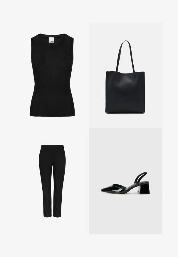 Juodas berankovis topo su raštuotais mezginiais; turi apvalų kaklą ir prigludusį siluetą. Etiketė rodo "ICHI" ant kaklo.; Juodos, liesos kelnes, pagamintas iš lygaus, audinio. Yra standartinė juosmens juosta ir jokios matomos kišenės. Švarus, pritaikytas įvaizdis.; Juodos lakuotos odinės šlepetės su smailiu pirštu ir geometriniu bloko kulnu. Turi elegantišką, minimalistinį dizainą ir lygų paviršių.; Juodas odinis tote krepšys su lygia tekstūra, stačiakampio formos ir dviem ilgais rankenomis. Matomų metalinių detalių ar puošybos nėra.