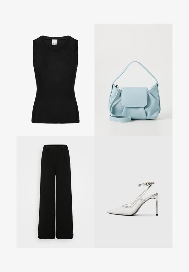 Must have ribatud kanga sansleeve top; ümar kaelus ja keha lähedane lõige. Sildil on kaeluses kirjas "ICHI".; Mustad laia säärega püksid, mis on valmistatud tekstuurse kangaga, mille taljes on kaks suurt nööpi ja mille esipinnal on teravad voldid.; Selge stiletto-kontsaga king, terava varbaga, läbipaistvast materjalist, metalsete hõbedaste detailidega ja reguleeritava pahkluu rihmaga.; Heledad sinine nahkrahakott ülemise käepidemega, esiküljel klapiga tasku ja eemaldatav randmepael valgel taustal.