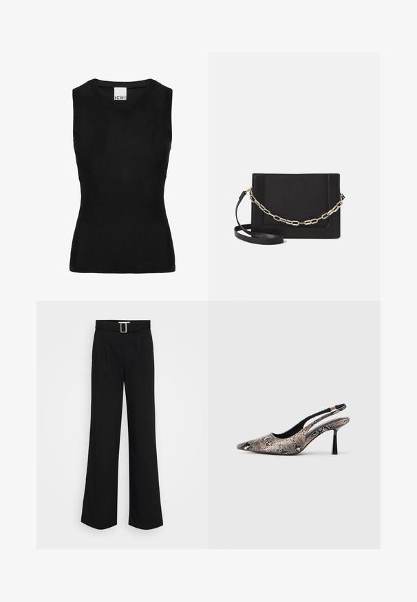 Črna brezrokavna majica iz rebraste pletenine; ima okrogel izrez in obliko, ki se prilega telesu. Na ovratniku je oznaka "ICHI".; Črne široke hlače iz lahkega materiala, ki se ponašajo z gladko teksturo, sprednjimi gubami in pasom s kvadratno kovinsko zaponko.; Cipele s izrezanim leđima i uskim potplatom, s karakterističnim oblikom na vrhu i teksturiranim uzorkom zmijske kože, imaju tanke crne potpetice i otvoreni dizajn sa strane.; Črna usnjena torba čez ramo z gladko teksturo, pravokotno obliko in kovinskim verižnim detajlom spredaj. Vključena je nastavljiva naramnica.