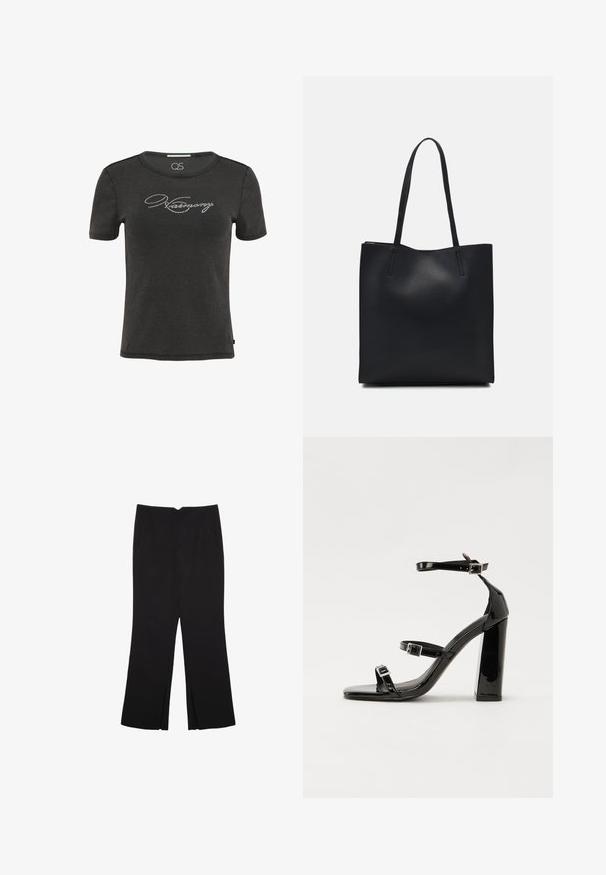 Donkergrijze geribbelde t-shirt met korte mouwen en ronde halslijn. Voorzien van kristalachtige versieringen die "geschiedenis" over de voorkant spellen.; Zwarte broek met een rechte pasvorm, voorzien van zijzakken en plooien aan de onderzijde. Gemaakt van zachte, gladde stof. Geschikt voor verschillende gelegenheden.; Zwarte patent lederen sandalen met hoge hakken, twee gespenbanden, een vierkante neus en een stevige blokhak, met een gladde, glanzende textuur.; Zwarte leren handtas met een gladde textuur, rechthoekige vorm en twee lange handvaten. Geen zichtbare hardware of versieringen.
