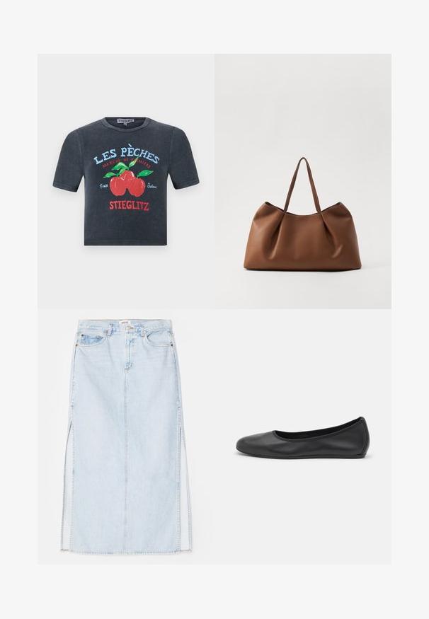 Tmavě šedé cropped tričko vyrobené z bavlny s grafickým motivem červeného a zeleného ovoce a textem v modré a červené barvě. Krátký rukáv, kulatý výstřih.; Světle modrá denimová maxi sukně se střihém do tvaru A, která má boční rozparky a design s pěti kapsami. Výrazné švy a kovové zapínání na knoflík.; Černé kožené baletní byty s kulatou špičkou, hladkou texturou, minimálními švy a flexibilním designem podrážky.; Hnědá kožená taška přes rameno s měkkým, zakřiveným tvarem, vyznačující se plisovanou texturou a dvěma pevnými uchy. Minimalistické švy jako akcenty.