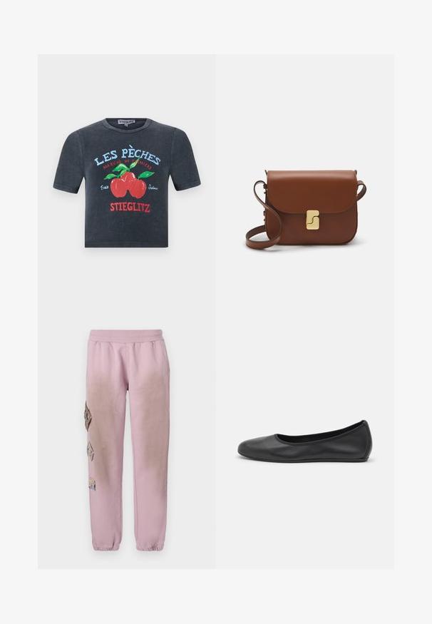 Tmavě šedé cropped tričko vyrobené z bavlny s grafickým motivem červeného a zeleného ovoce a textem v modré a červené barvě. Krátký rukáv, kulatý výstřih.; Růžové tepláky s elastickým pasem, které mají dekorativní nášivky ve tvaru diamantů na levé straně a elastické manžety u kotníků.; Černé kožené baletní byty s kulatou špičkou, hladkou texturou, minimálními švy a flexibilním designem podrážky.; Hnědá kožená kabelka s klopou, zlatými kovovými detaily, ramenním popruhem a hladkým povrchem. Kompaktní obdélníkový tvar.