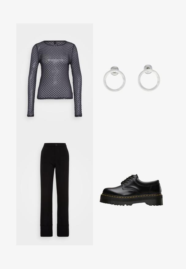Long-sleeve mesh top in black with a diamond pattern. The fabric is sheer with slight shimmer, featuring a rounded neckline and fitted design.; Black trousers made of a smooth fabric with a structured fit, featuring a button closure at the waist and folded cuffs at the hem.; Black leather lace-up shoe with a thick, serrated black rubber sole and yellow stitching along the edge, featuring a smooth finish.; Silver metal hoop earrings with a brushed texture, featuring a circular design and a clear post back for secure wear.