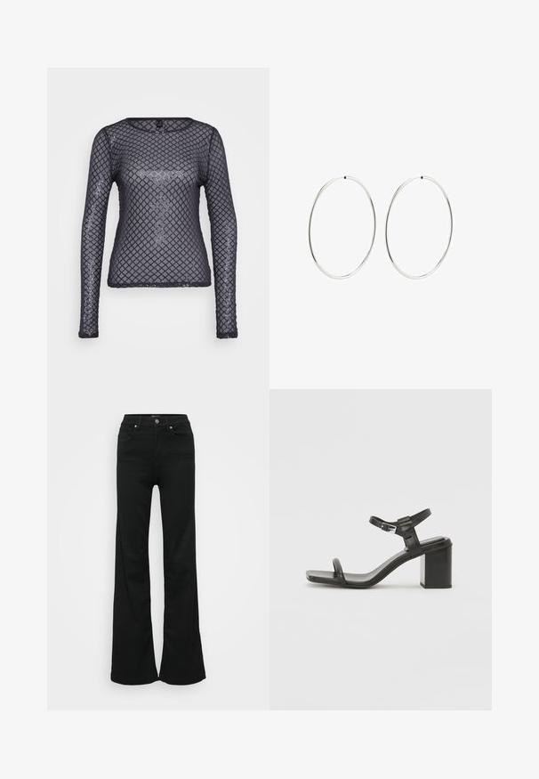 Melnas garās piedurknes acs blūze ar dimanta rakstu. Audums ir caurspīdīgs ar vieglu spīdumu, un tam ir noapaļots dekoltē un pieguļoša piegriezuma dizains.; Melnas flared džinsas, izgatavoti no denima, ar augstu jostasvietu, piecām kabatām un metāla pogu aizdari. Gluda tekstūra ar minimālu apdari.; Melna ādas blokveida papēža sandle ar platu joslu pāri pirkstiem un regulējamu potītes siksniņu, ar elegantu, minimālistisku dizainu.; Sudraba riņķa auskari ar gludu, apaļu dizainu un pulētu apdari. Tie ir plāni un viegli, ar vienkāršu aizdari.