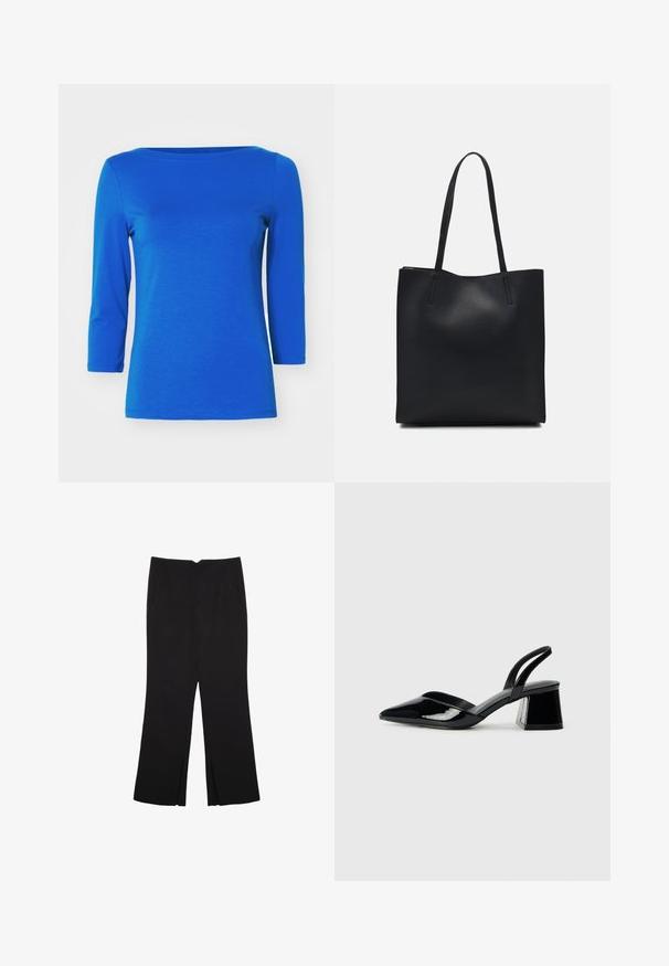 Vero Moda PANDA NOOS - Långärmad tröja - surf the web; Svarta byxor med rak passform, utrustade med framfickor och sidoklyvningar vid fållen. Tillverkade av mjukt, slätt tyg. Lämpliga för olika tillfällen.; Svarta lackläder slingback klackar med spetsig tå och geometrisk klack. Har en elegant, minimalistisk design och slät yta.; Svart lädertoffelväska med slät textur, rektangulär form och två långa handtag. Ingen synlig hårdvara eller dekorationer.