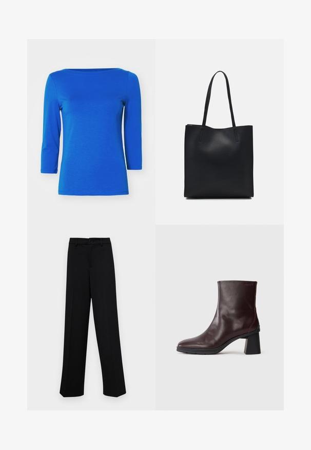 Vero Moda PANDA NOOS - Langarmshirt - surf the web; Schwarze, weit geschnittene Hosen aus glattem Stoff, mit einem klassischen Taillenbund und einem Knopfverschluss sowie vorderen Falten.; Dunkelbraune Lederstiefelette mit Blockabsatz und runder Zehenpartie, präsentiert auf einem schlichten hellgrauen Hintergrund.; Schwarze Laptoptasche aus Leder mit glatter Textur, rechteckiger Form und zwei langen Griffen. Keine sichtbaren Beschläge oder Verzierungen.