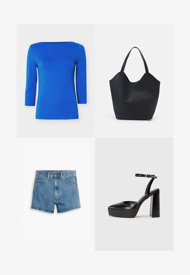 Vero Moda PANDA NOOS - Long sleeved top - surf the web; Denim shorts in light blue, featuring five pockets, a zip fly, and a button closure. The hem is frayed with a relaxed fit design.; Black platform heels with a pointed toe and adjustable ankle strap. Constructed from smooth leather, featuring a chunky block heel.; Black tote bag made of smooth leather, featuring a curved, open top with two shoulder straps and a minimalist design.