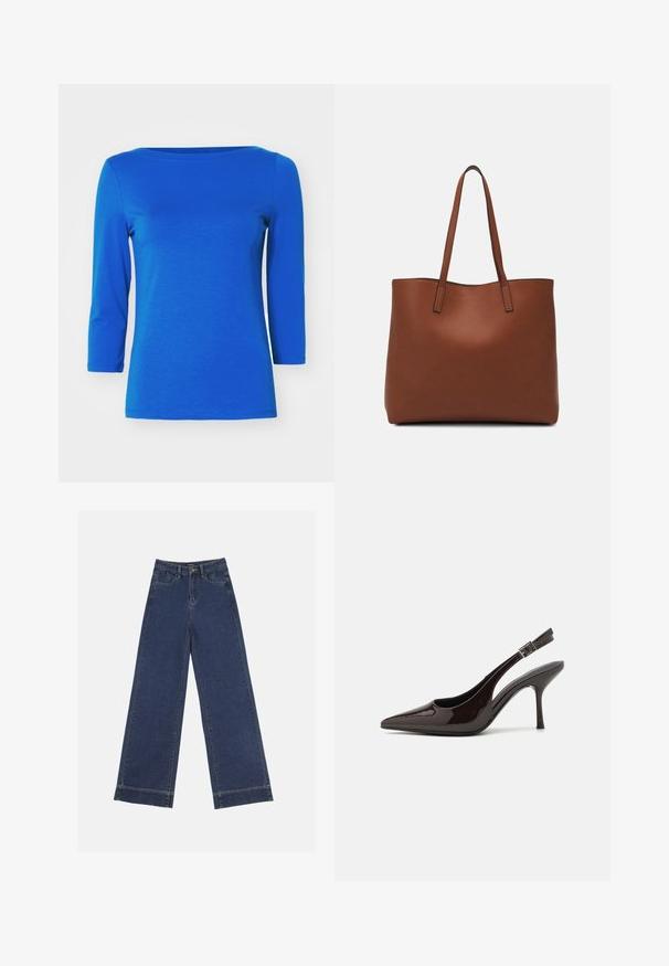 Vero Moda PANDA NOOS - Top s dlhým rukávom - surf the web; Džínsy s širokými nohavicami v tmavomodrom denime. Majú päť vreciek, pútka na opasok a surový spodný lem s viditeľnými švy.; Slingback vysoké opätky v lesklej tmavohnedej lakovej koži, so špicatou špičkou, otvorenými stranami a nastaviteľným remienkom na členku.; Hnedá kožená taška na rameno s hladkou textúrou, otvoreným vrchom a dvoma ramenými popruhmi. Má minimálne šitia a žiadne viditeľné kovania.