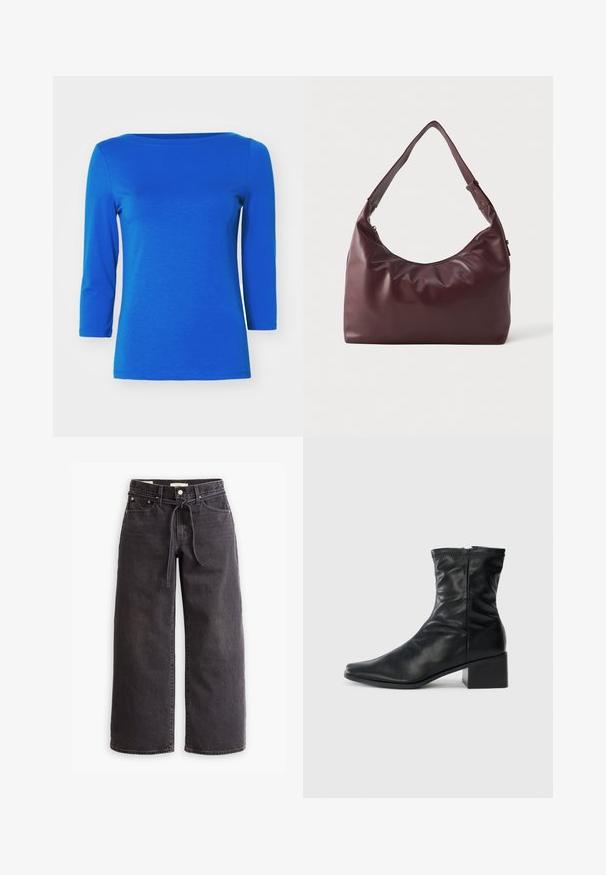 Vero Moda PANDA NOOS - Top s dlhým rukávom - surf the web; Čierne široké džínsy vyrobené zo denimu, s elastickým pásom na šnúrku, piatimi vreckami a kontrastným prešívaním. Rovný predný dizajn.; Čierna kožená čižma po členky so štvorcovou špičkou, bočným zipsom a blokovým podpätkom na bielom pozadí.; Hladká bordová kožená taška cez rameno s nastaviteľným popruhom a zipsom, predstavená na jednoduchej bielej pozadí.