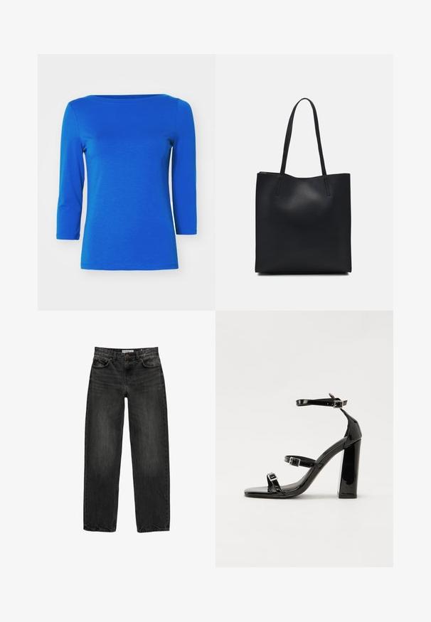 Vero Moda PANDA NOOS - Top s dlhým rukávom - surf the web; Čierne džíny z denimu s uvoľneným strihom, rovnými nohavicami, piatimi vreckami a mierne vyblednutou textúrou. Zapínanie na gombík a zips v prednej časti.; Čierne lakované sandále na podpätku so štvorcovou špičkou, navlečenými remienkami okolo členku a striebornými prackami. Disponujú masívnym blokovým podpätkom pre stabilitu.; Čierna kožená taška na rameno s hladkým povrchom, obdĺžnikovým tvarom a dvoma dlhými uchami. Bez viditeľného kovania alebo ozdôb.