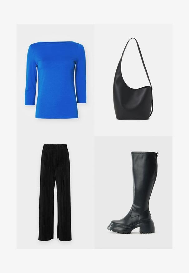 Vero Moda PANDA NOOS - Top s dlhým rukávom - surf the web; Čierne plisované nohavice s elastickým pásom. Majú široké nohavice a hladkú, textúrovanú látku s vertikálnymi pruhmi.; Vysoká čierna kožená čižma s masívnou platformou a blokovým podpätkom, s praktickým pútkom a textúrovaným vzorom na podošve.; Čierna kožená hobo taška so hladkou textúrou, zakriveným tvarom a jedným nastaviteľným popruhom; má široké otvorenie na vrchu.