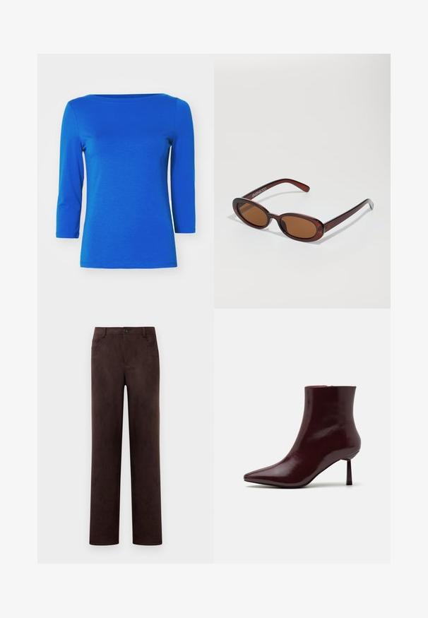 Vero Moda PANDA NOOS - Top s dlhým rukávom - surf the web; Rovné nohavice z tmavo hnedého semišu so zapínaním na prednom gombíku a zips, pútka na opasok a bočné vrecká.; Burgundské lakované kozačky po členky s špicatou špičkou a štíhlým stiletto podpätkom, s hladkou, lesklou textúrou a minimalistickým dizajnom.; Okrúhle slnečné okuliare s hnedým nádychom a lesklým burgundským rámom. Úzke ramená s jemným brandovaním. Plochej šošovky dizajn.; Tkaná bordová kabelka s zaobleným tvarom a jedným uchom, so štruktúrovaným povrchom a elastickým sťahovaním na zavretie.