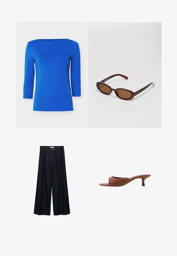 Vero Moda PANDA NOOS - Bluză cu mânecă lungă - surf the web; Pantaloni largi din denim închis, cu talie înaltă, având un închidere cu nasture frontal, două buzunare laterale și detalii de cusătură.; Mule-uri cu toc deschis, de culoare maro, cu un finisaj neted și mat, având un design curbat și un toc transparent, conic.; Ochelari de soare rotunzi, cu nuanțe de brown și cu un cadru lucios de burgund. Brațe subțiri cu detalii subtile de branding. Design cu lentile plate.