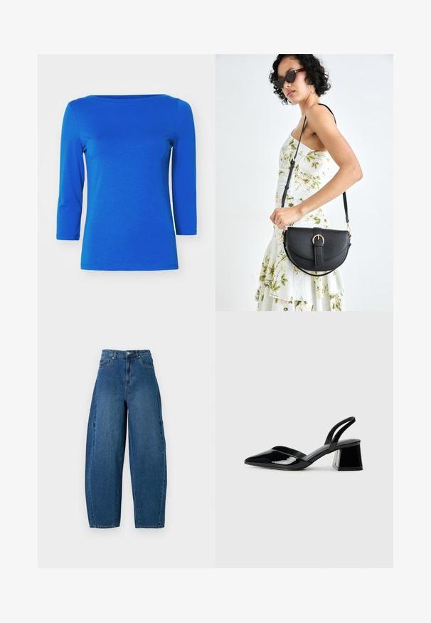 Vero Moda PANDA NOOS - Pikkade varrukatega topp - surf the web; Keskmise sinise tooniga teksad, millel on kõrge talje, lai jalaliik ja standardne viie taskuga disain koos nähtavate õmbluste detailidega.; Mustad musta lakknahk kingad, millel on terav varvas ja geomeetriline plokkkonts. Omab elegantselt minimalistlikku disaini ja sujuvat tekstuuri.; Mustmust mustraha kõverate joontega, eemaldatava rihmaga ja kuldsete detailidega. Kotil on klapp, millel on pandladetail.