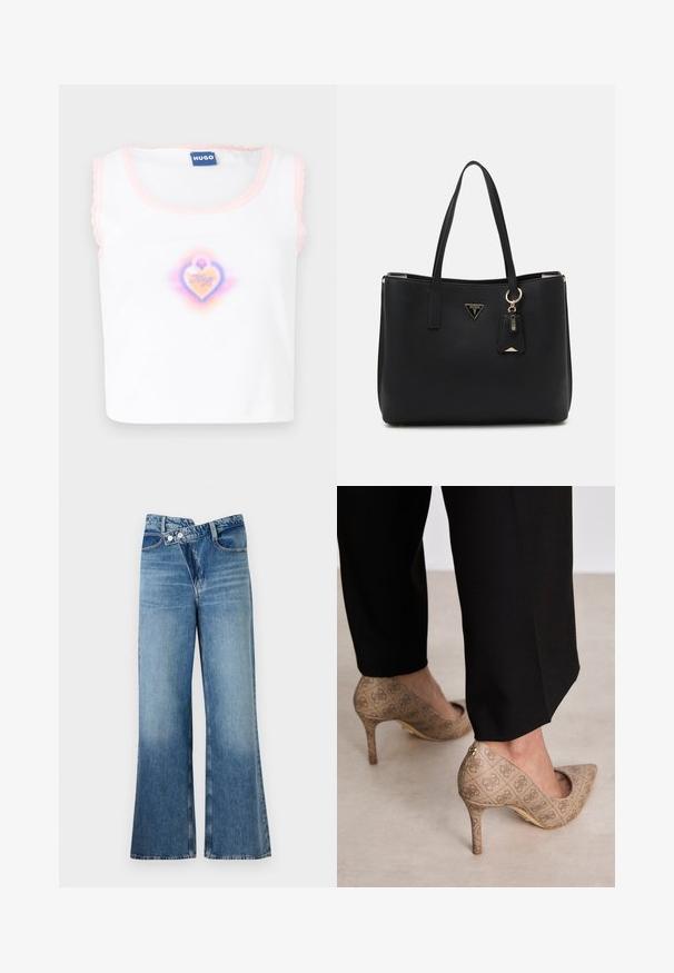 Top sin mangas blanco con borde en rosa en forma de concha, que presenta un gráfico central de corazón en colores pastel con el texto "Hugo" en su interior.; Jeans de mezclilla azul claro acampanados con cintura alta, que cuentan con dos botones y bolsillos frontales. La tela tiene una textura desteñida con variaciones sutiles.; Zapatos de tacón altos beige con una tela texturizada que presenta un patrón repetitivo. Diseño de punta afilada con un acento en la parte trasera y detalle de tacón dorado.; Bolso tote negro hecho de material sintético texturizado, con dos asas, una placa de logo dorada y una pequeña etiqueta con un detalle de acento.