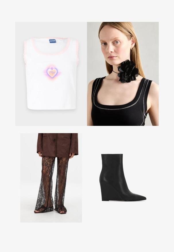 Balta bez piedurknēm topiņa ar rozā viļņotām maliņām, ar centrālu sirds attēlu pasteļa krāsās, kurā iekļauts vārds "Hugo".; Melnās mežģīņu platas bikses ar ziedu rakstu, caurspīdīgu tekstūru un platu kāju atverēm, kas saskaņotas ar brūnām slīdēšanas sandalēm.; Melnas šķautnītes anklas zābaki, kas izgatavoti no teksturētas ādas; iekļauj norādītu purngalu un gludu, elegantu dizainu ar kontūrveida siluetu.; Melnā ziedu kaklarota, kas izgatavota no kārtainām ziedlapām, valkāta kopā ar melnu ribotu topu ar sudraba akcentiem apkakles un plecu daļā.