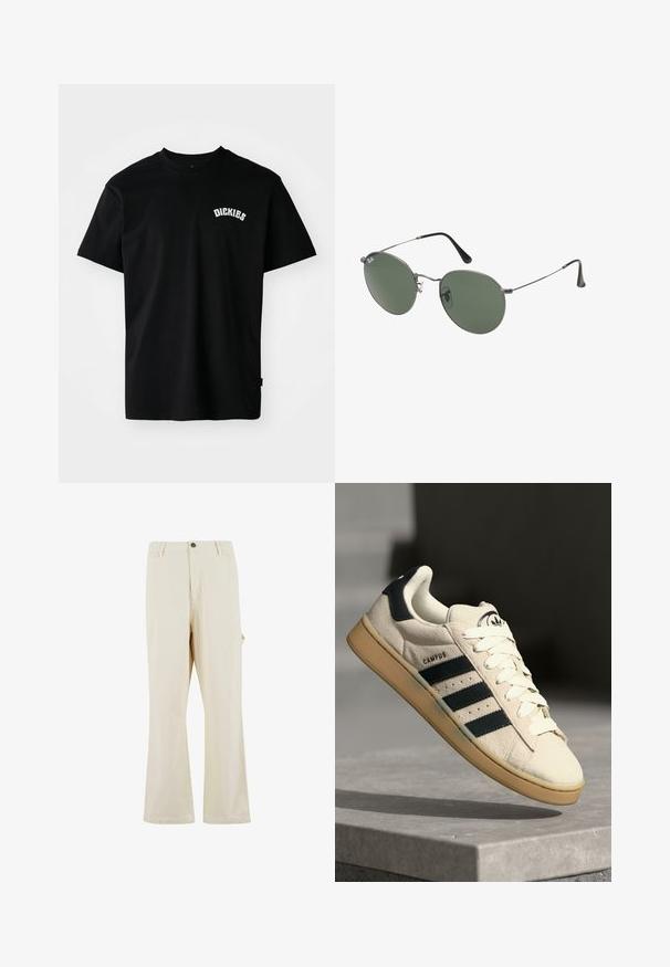Črna bombažna majica s kratkimi rokavi in krožnim ovratnikom. Ima belo ukrivljeno pentljo "DICKIES" na prsih. Preprost dizajn, brez vzorcev.; Bež hlače širokih nogavic iz mešanice bombaža z gumbom za zapiranje. Imajo stranske žepe in subtilno teksturo. Vidne so šivane detajle.; Bež nubuk tenisice s tremi temno modrimi črtami, belimi vezalkami in svetlo rjavim gumijastim podplatom. Vključuje logo na jezikcu in besedilo "CAMPUS".; Sončna očala z ovalnimi zelenimi lečami v kovinskem okvirju. Tanjši srebrni kovinski okvir in črne ušesne konice. Minimalistična zasnova, brez vidnih logotipov.