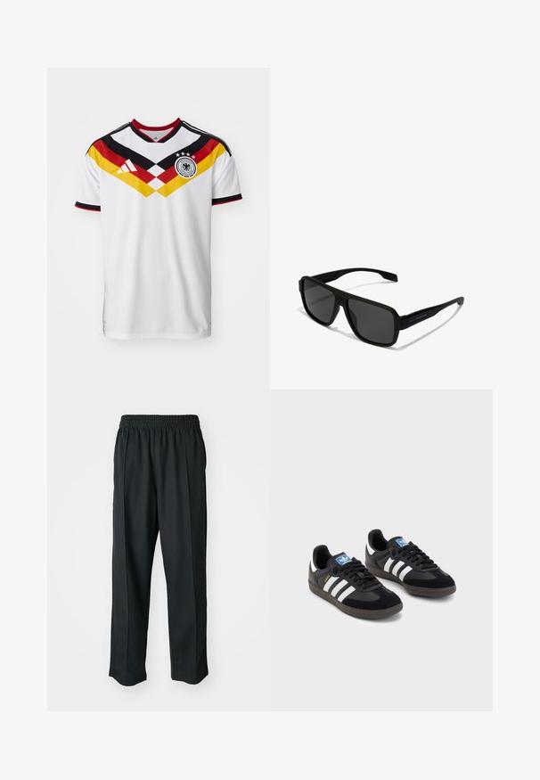 Biely futbalový dres s čiernymi a červenými akcentmi, s diagonálnym dizajnom v žltej a červenej farbe, tromi hviezdami a logom Adidas.; Čierne športové nohavice s elastickým pásom, vyrobené z hladkého materiálu, s jemným bočným šitím a voľným strihom, rovný strih.; Čierne tenisky so zvrškom z semišu a syntetického materiálu, s tromi bielymi pruhmi, štruktúrovanou gumovou podrážkou a modrou logovou etiketou na jazyku.; Hawkers PARLAY - Slnečné okuliare - black