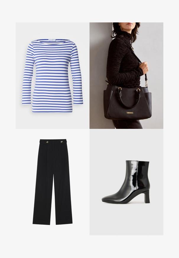 Maglietta a maniche lunghe a righe blu e bianche realizzata in tessuto morbido, con design a scollatura barco e silhouette aderente. Senza hardware visibile.; Pantaloni neri a gamba larga con vita alta, dettagli con bottoni in vita e pieghe frontali.; Stivaletto in pelle verniciata nera con punta a punta e tacco a blocco di altezza media. Texture liscia e design minimalista.; Borsa nera con superficie texturizzata, manici superiori doppi e tracolla regolabile. Dotata di hardware color oro e tasche laterali.